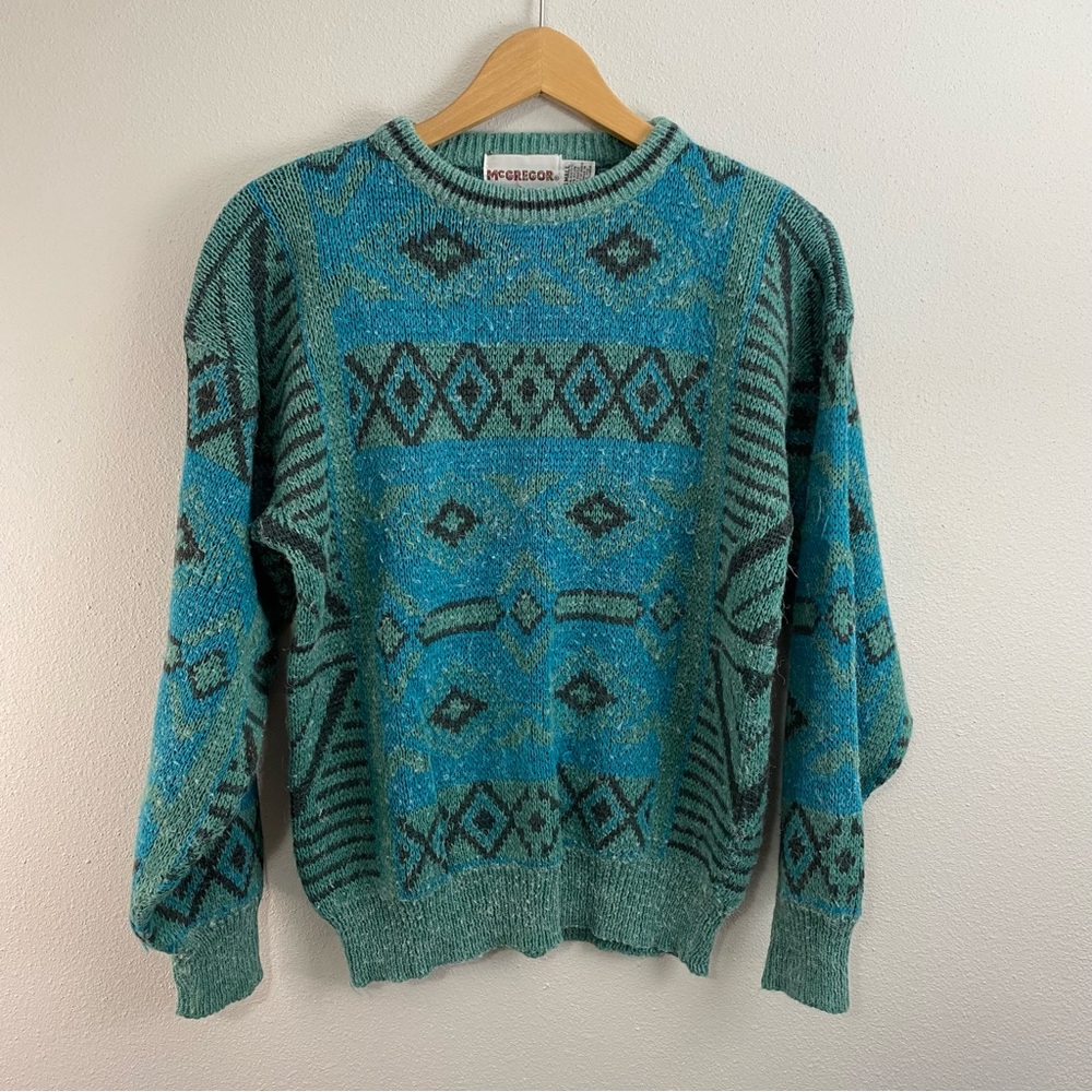McGregor Vintage 80s Knit‎ Crewneck Sweater Geometric Pattern Blue Green Small